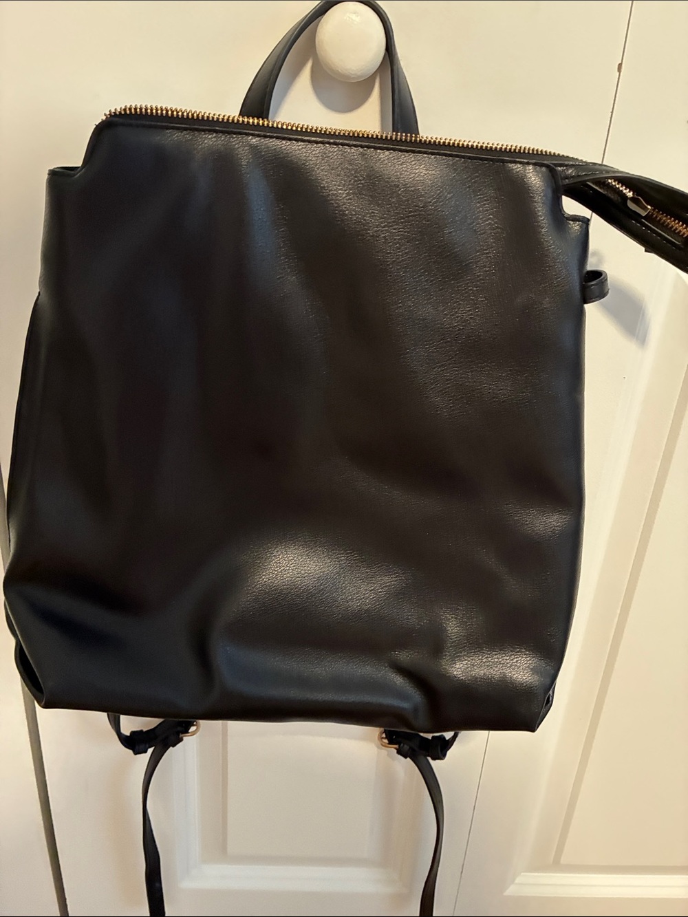 a new day Black Leather Square Backpack with Gold Zipper